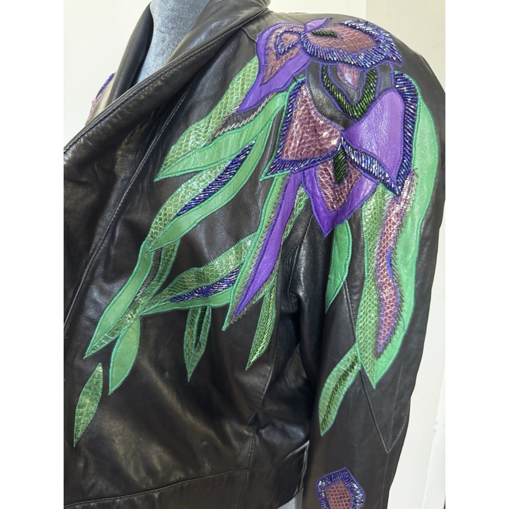 Vtg 80's Erez Flaming Irises Leather Jacket M Moto Snakeskin Trim Colorful Art - Picture 5 of 16